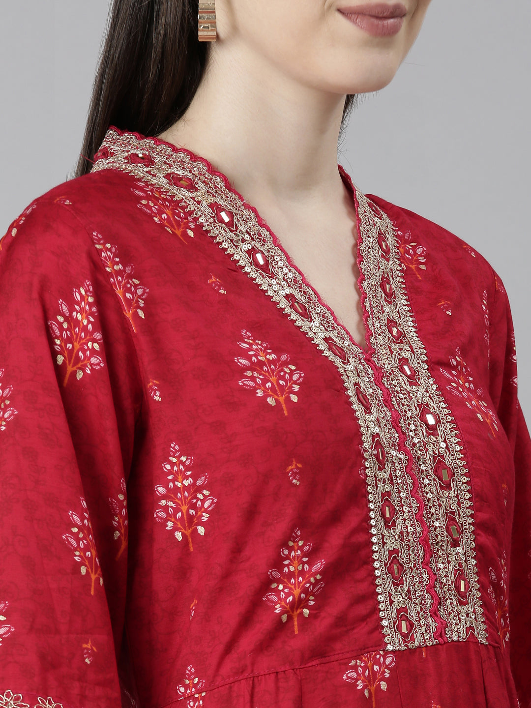 Neerus Red printed floral kurta set with trouser and dupatta - detail view 1