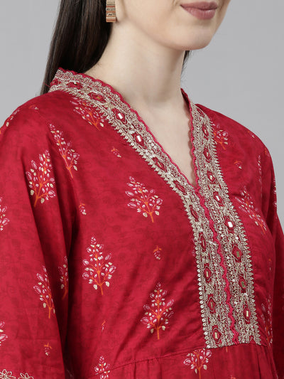 Neeru's Red Regular Straight Floral Kurta And Trousers With Dupatta
