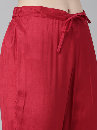Neeru's Red Regular Straight Floral Kurta And Trousers With Dupatta