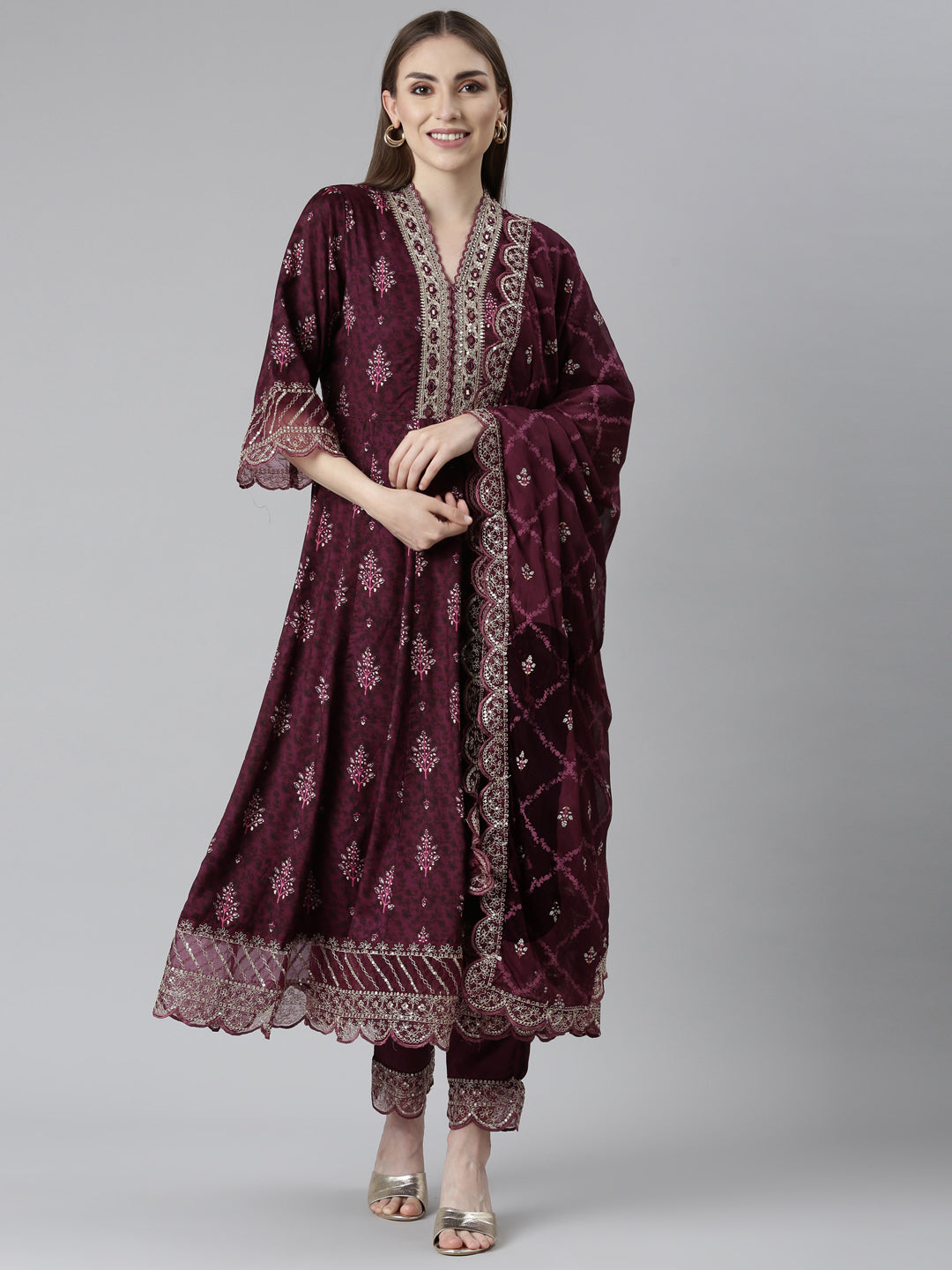 Neerus Purple printed floral kurta set with trouser and dupatta - front view