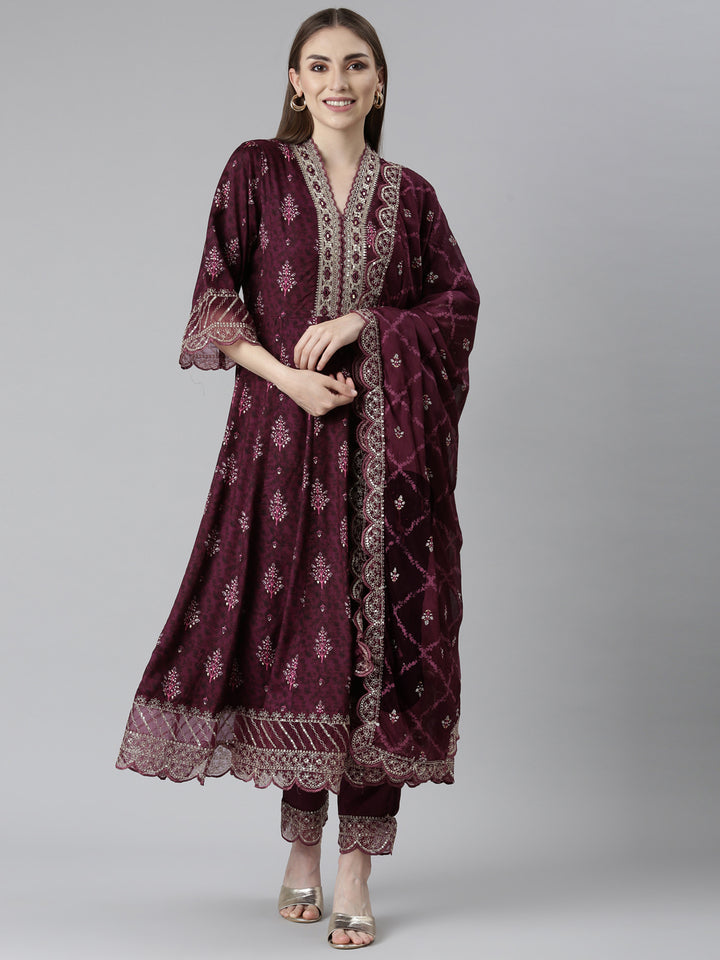 Neerus Purple printed floral kurta set with trouser and dupatta - front view