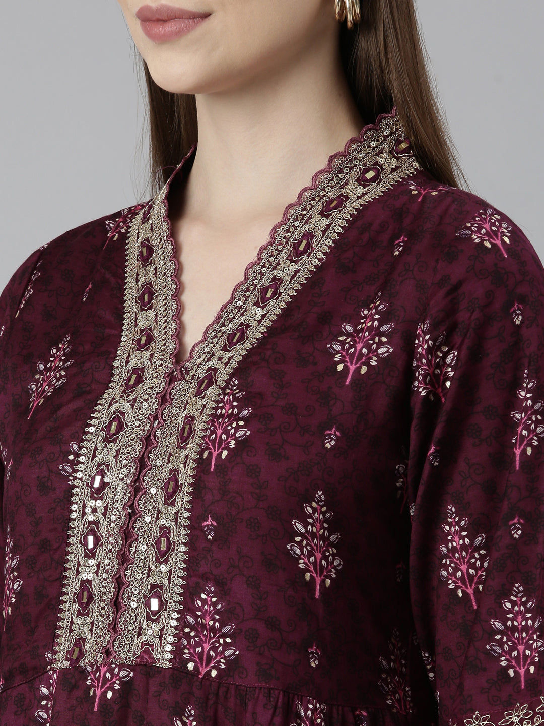 Neerus Purple printed floral kurta set with trouser and dupatta - detail view 1