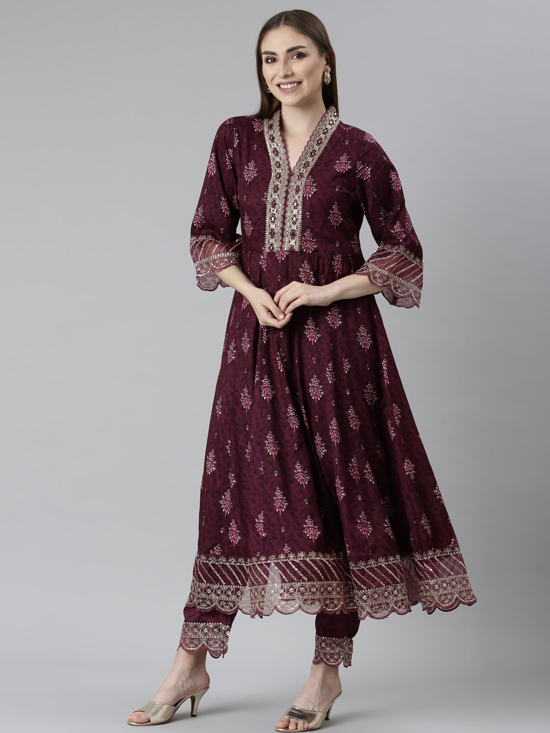 Neerus Purple printed floral kurta set with trouser and dupatta - back view