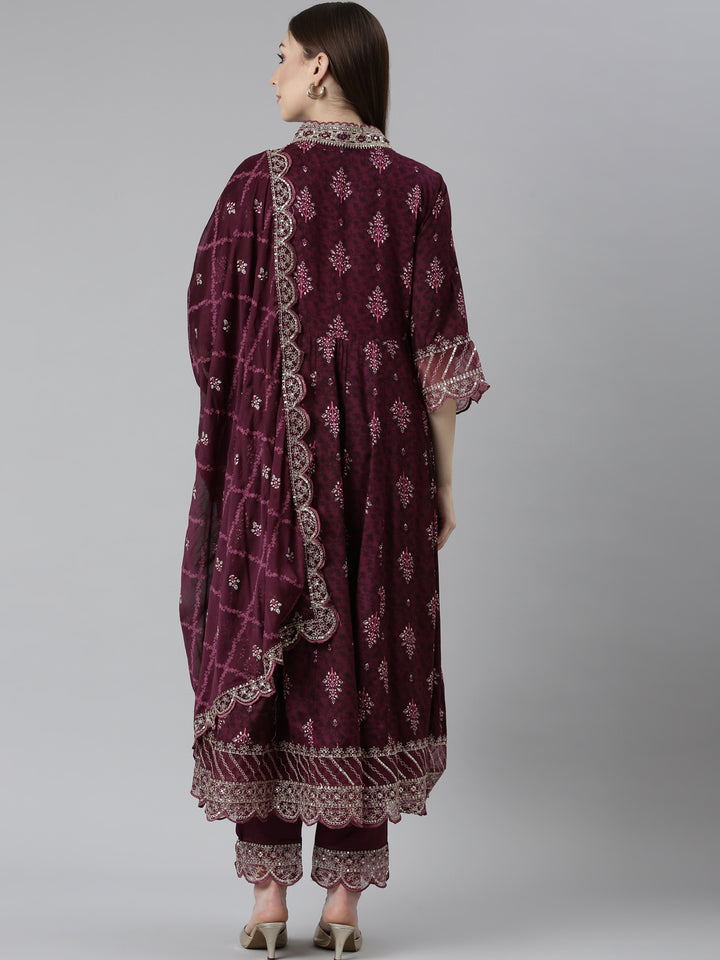 Neerus Purple printed floral kurta set with trouser and dupatta - side view