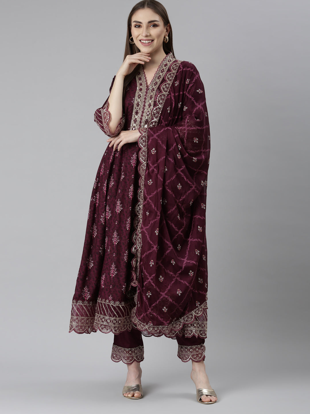 Neerus Purple printed floral kurta set with trouser and dupatta - detail view 2