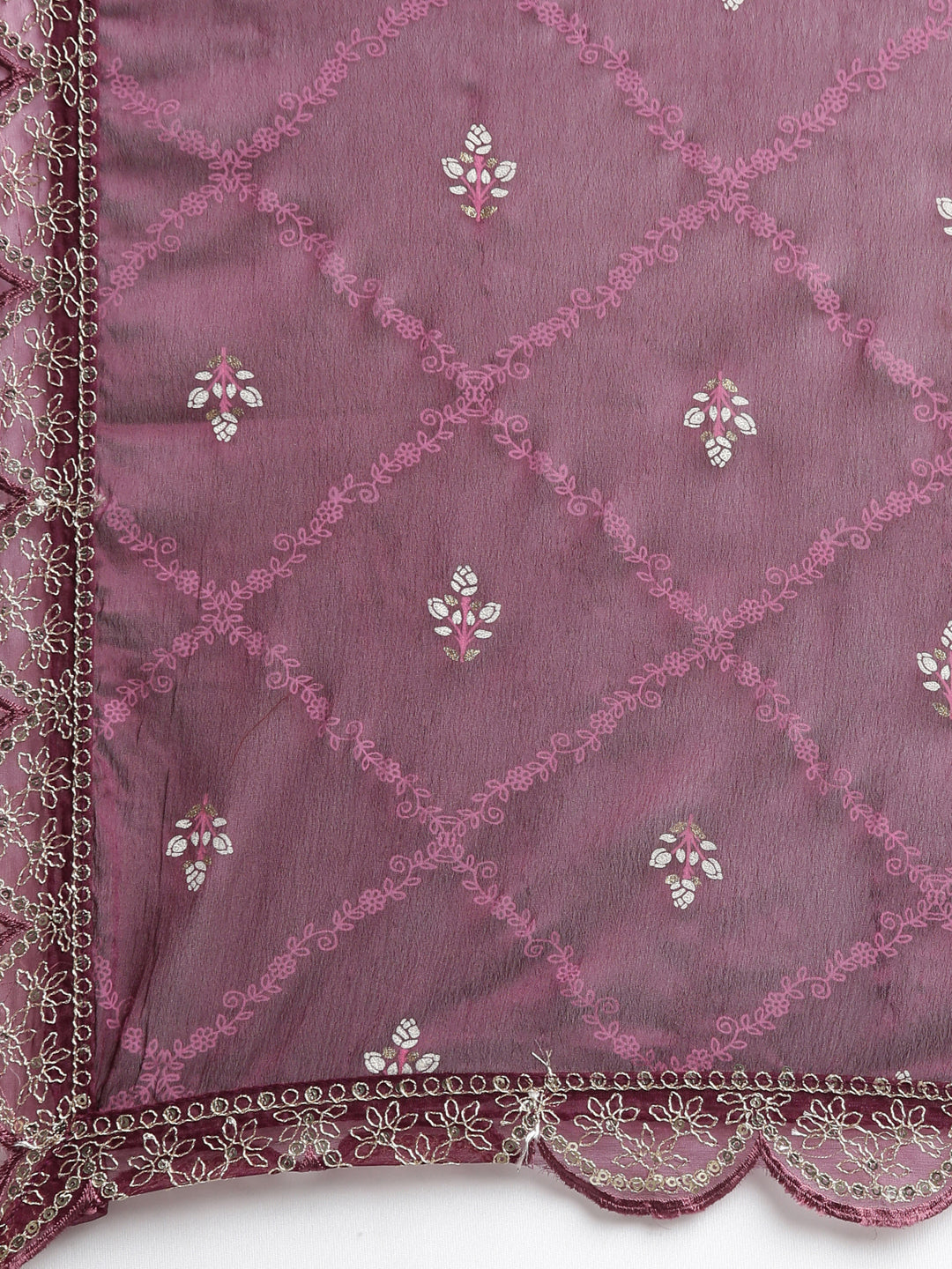 Neerus Purple printed floral kurta set with trouser and dupatta - detail view 4