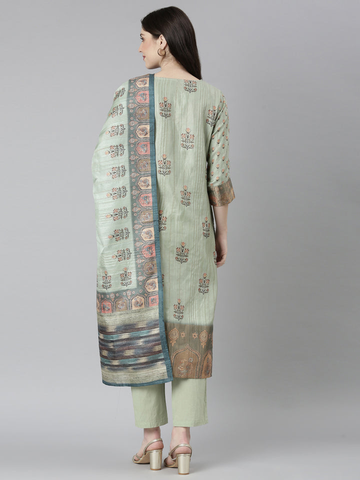 Neerus Green Regular Straight Floral Kurta And Trousers With Dupatta