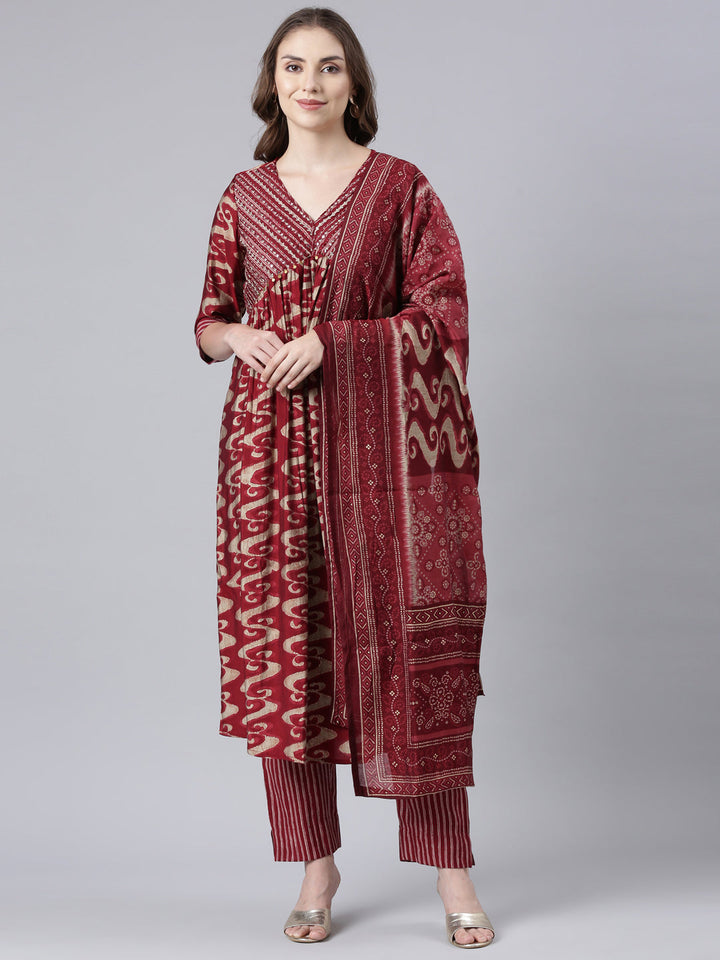 Neerus Maroon printed panelled suit set - front view