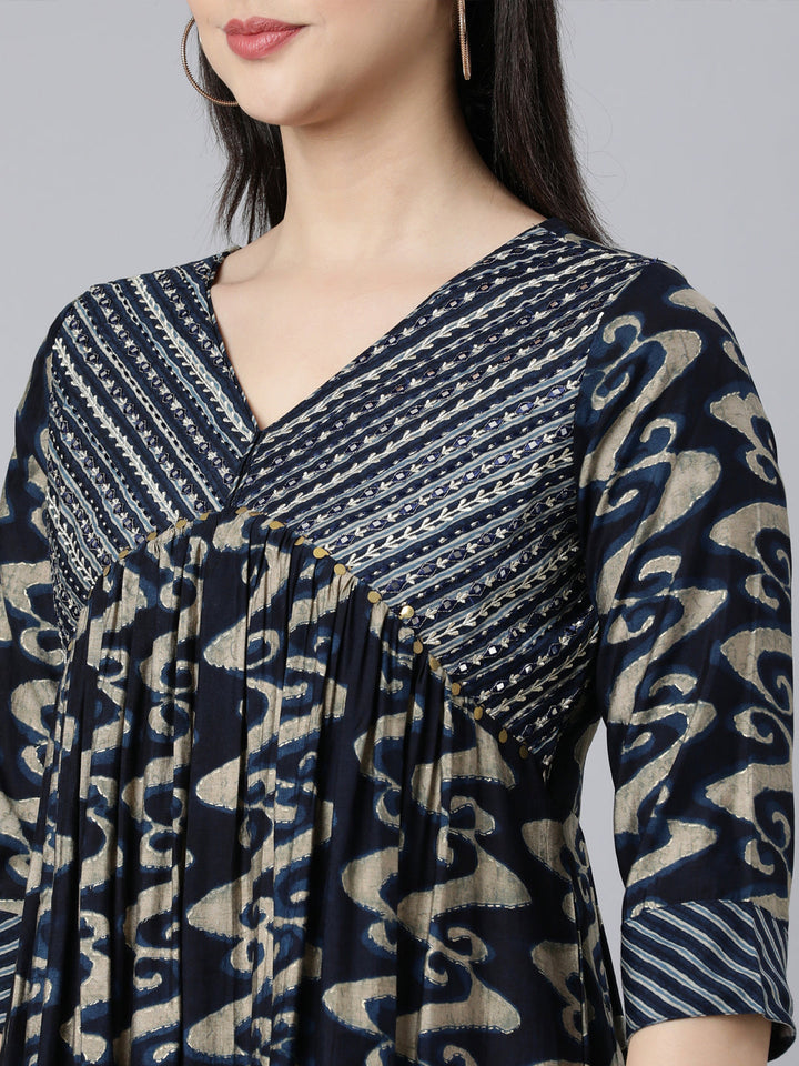 Neerus Blue printed panelled suit set with dupatta - detail view 2