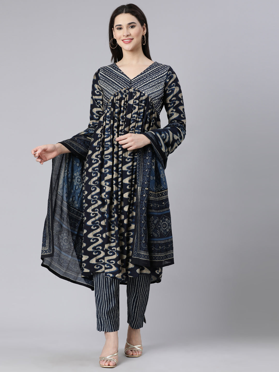 Neerus Blue printed panelled suit set with dupatta - front view