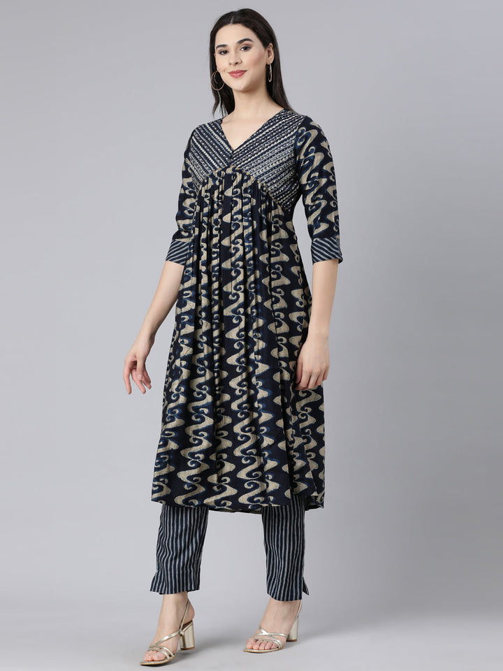 Neerus Blue printed panelled suit set with dupatta - back view