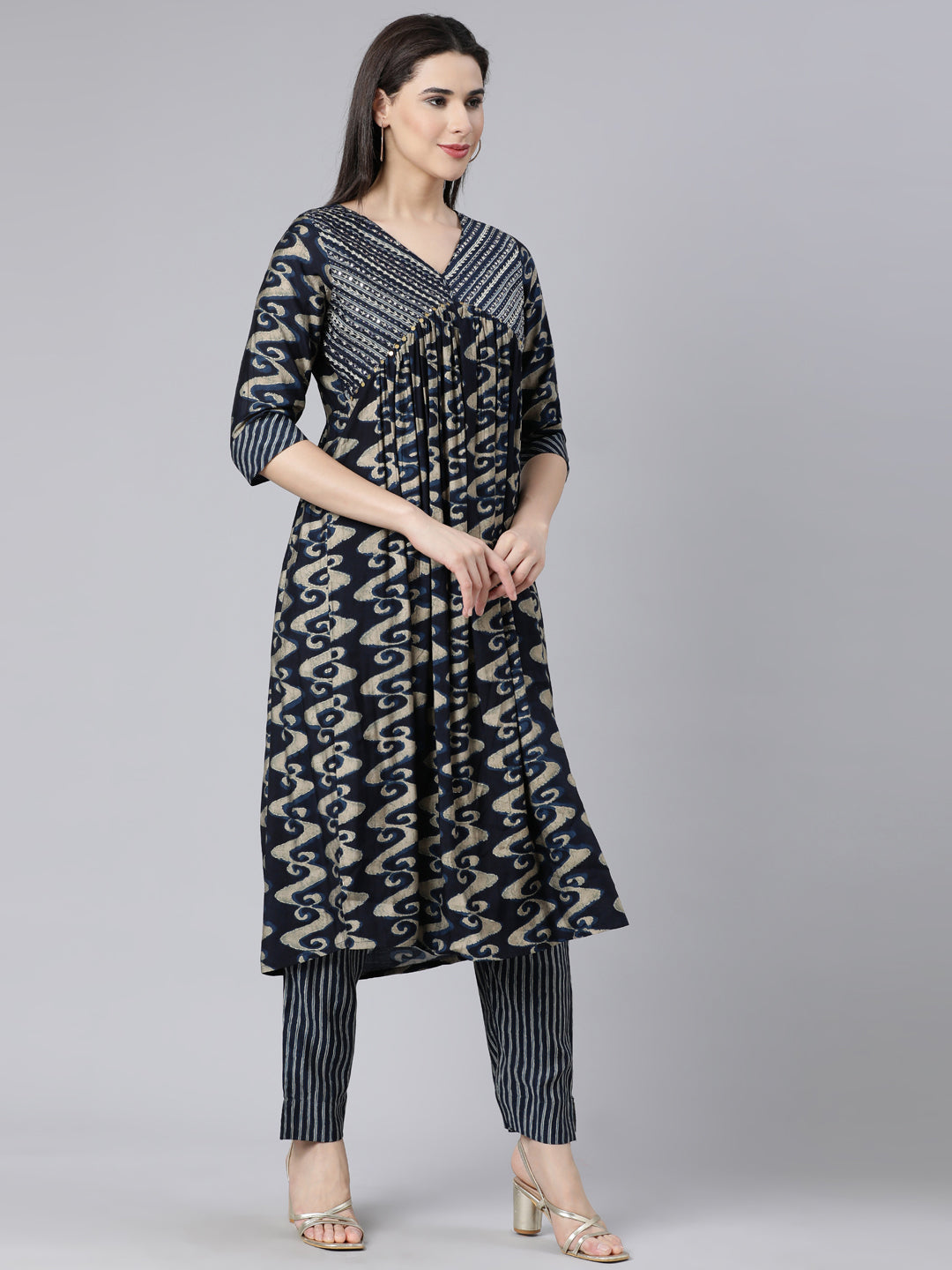Neerus Blue printed panelled suit set with dupatta - side view