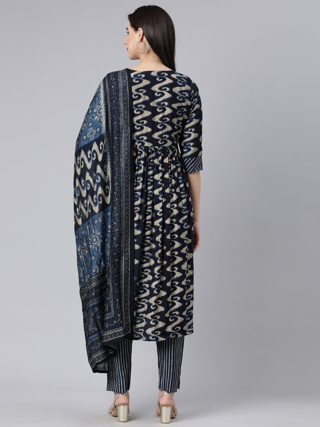 Neerus Blue printed panelled suit set with dupatta - detail view 1