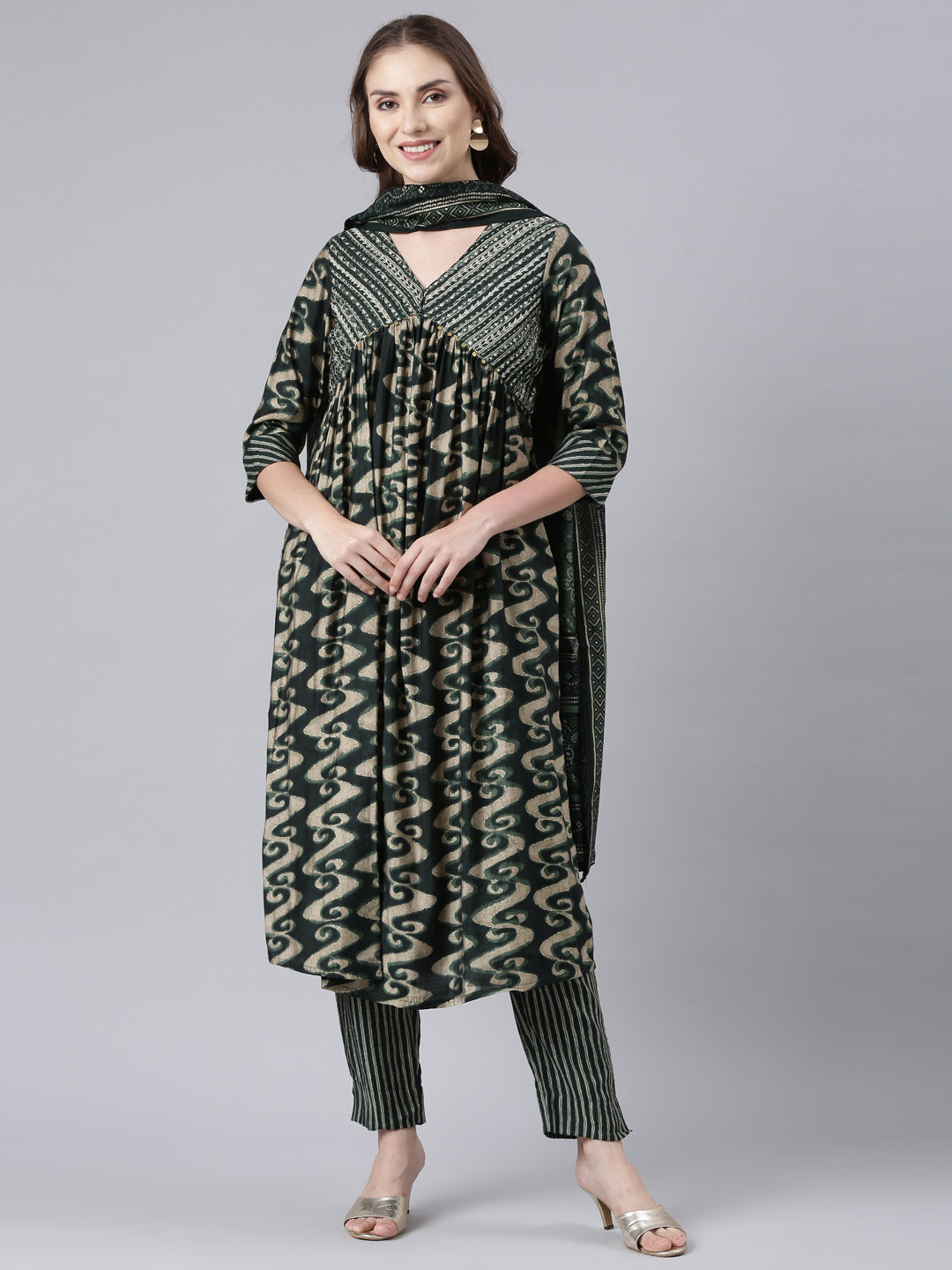 Neerus Green printed straight suit set panelled kurta with trouser and dupatta - front view