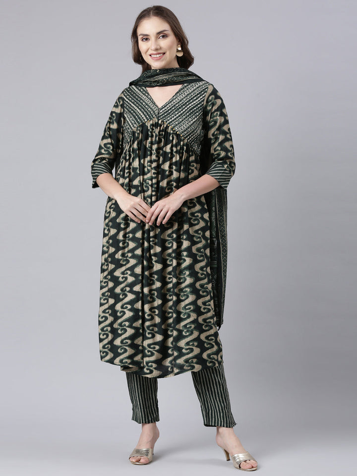 Neerus Green printed straight suit set panelled kurta with trouser and dupatta - front view
