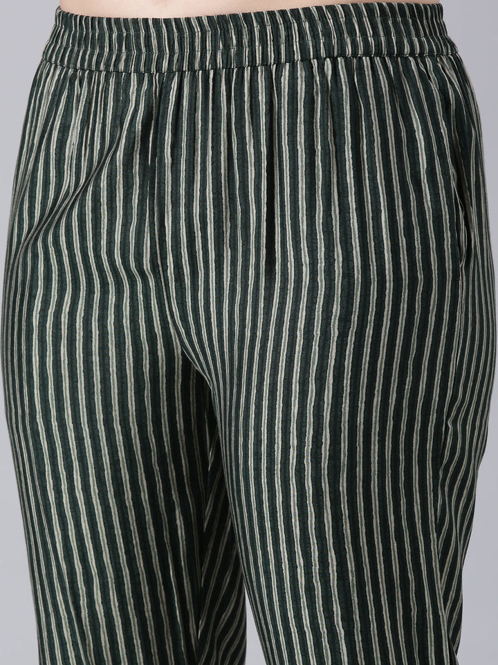Neerus Green printed straight suit set panelled kurta with trouser and dupatta - detail view 4