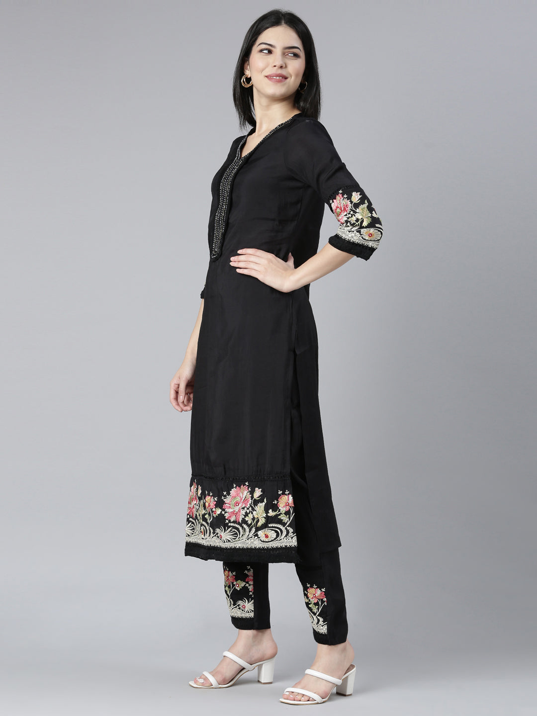 Neerus Black Regular Straight Floral Kurta And Trousers With Dupatta