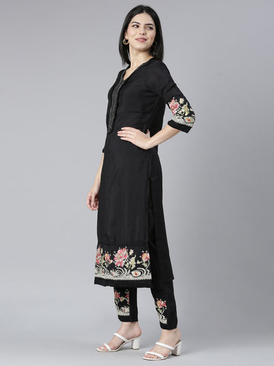 Neerus Black Regular Straight Floral Kurta And Trousers With Dupatta