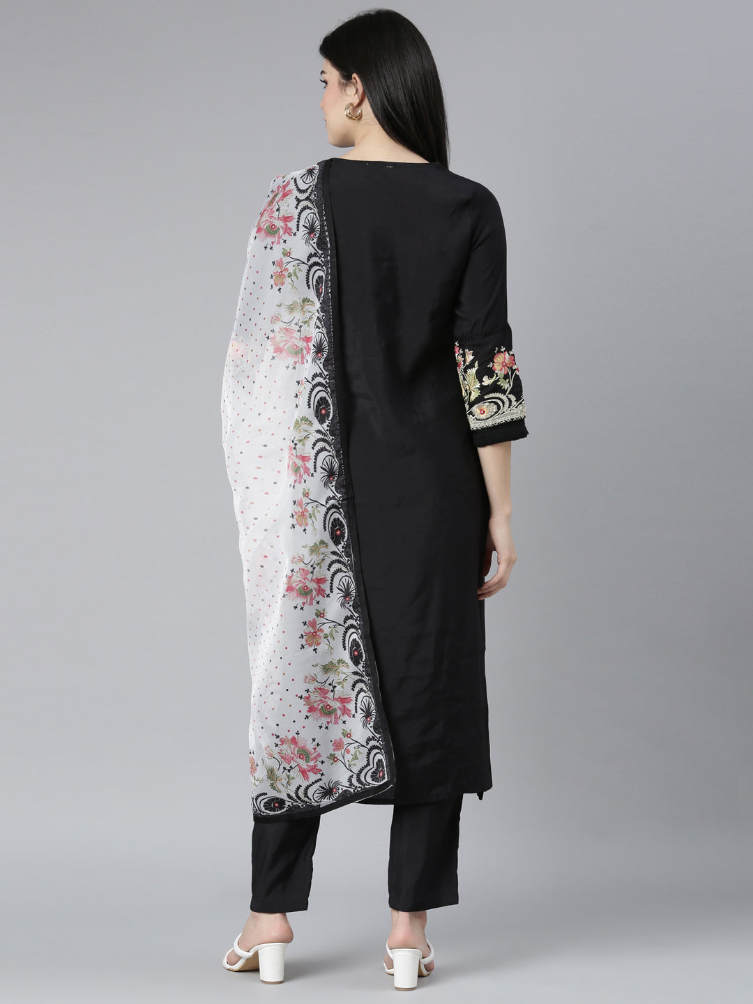 Neerus Black printed floral kurta set with trouser and dupatta - side view