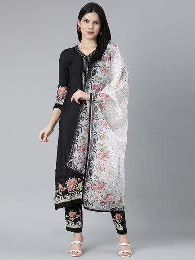 Neerus Black Regular Straight Floral Kurta And Trousers With Dupatta