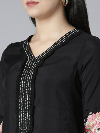 Neerus Black Regular Straight Floral Kurta And Trousers With Dupatta