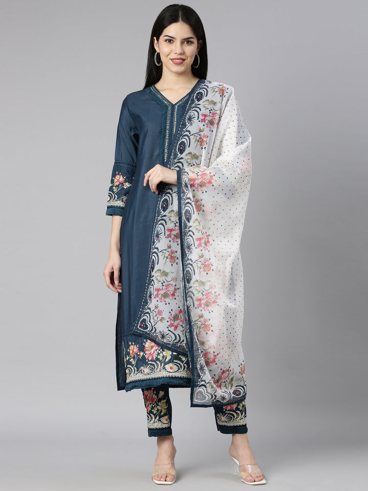 Neerus Blue printed floral kurta set with trouser and dupatta - front view