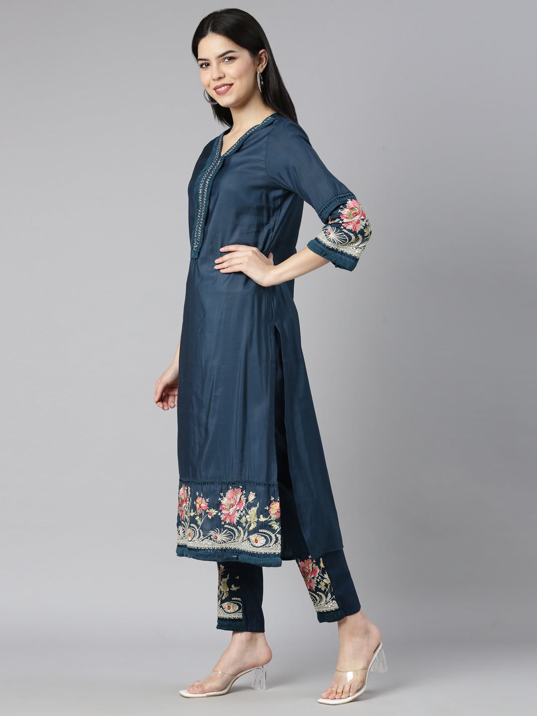 Neerus Blue printed floral kurta set with trouser and dupatta - back view