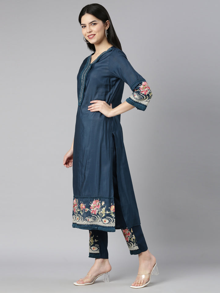 Neerus Blue printed floral kurta set with trouser and dupatta - back view
