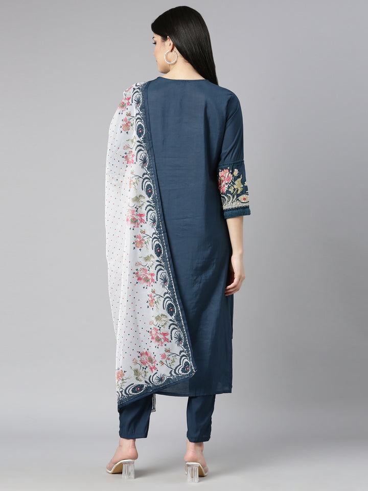 Neerus Blue printed floral kurta set with trouser and dupatta - side view