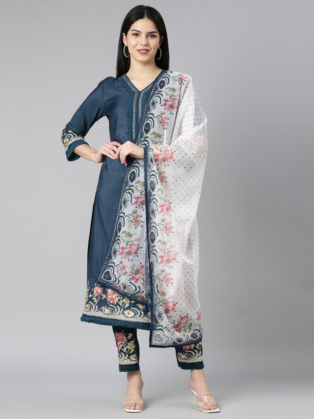 Neerus Blue printed floral kurta set with trouser and dupatta - detail view 2