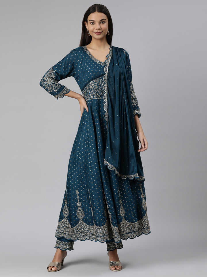 Neerus Blue Regular Straight Floral Readymade suits