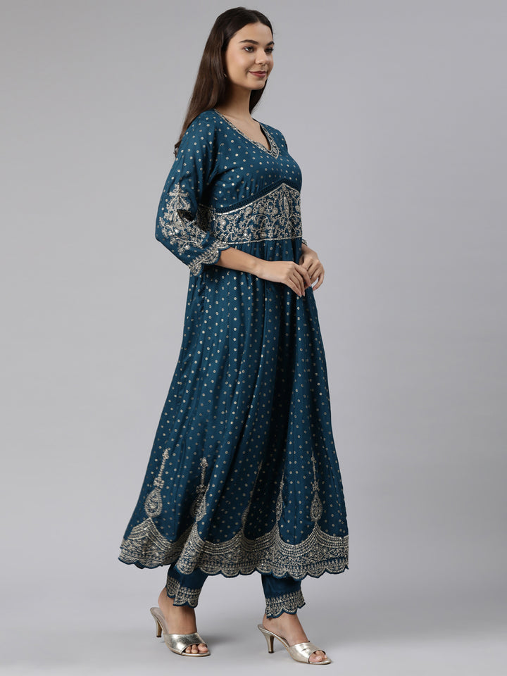 Neerus Blue Regular Straight Floral Readymade suits