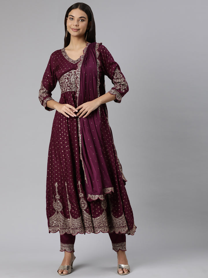 Neerus Purple printed floral straight suit set - front view