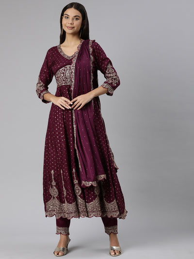 Neeru's Purple Regular Straight Floral Kurta And Trousers With Dupatta