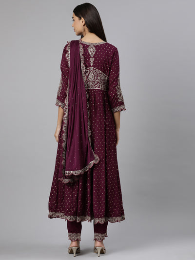 Neeru's Purple Regular Straight Floral Kurta And Trousers With Dupatta
