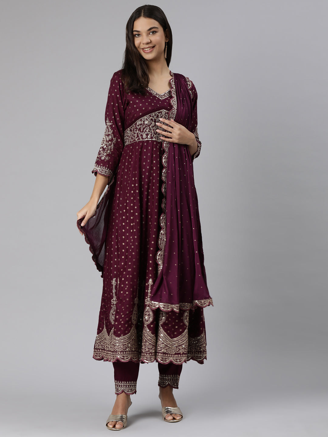 Neeru's Purple Regular Straight Floral Kurta And Trousers With Dupatta
