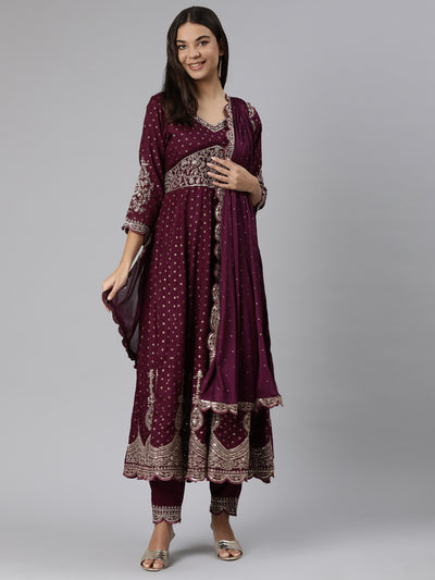 Neeru's Purple Regular Straight Floral Kurta And Trousers With Dupatta