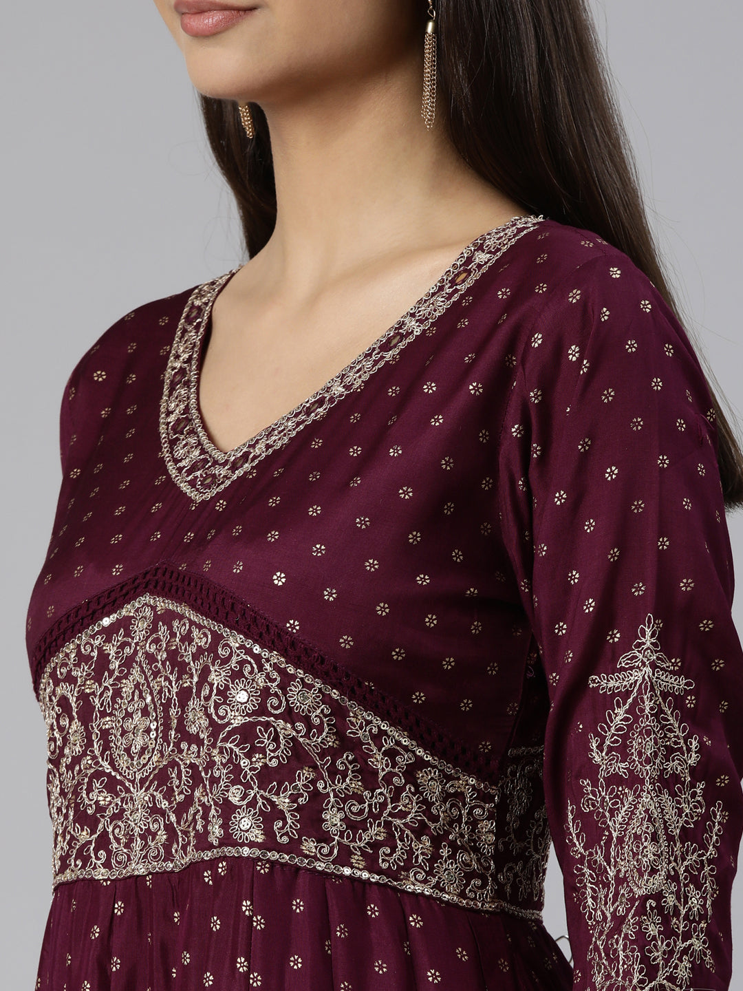 Neerus Purple printed floral straight suit set - detail view 1