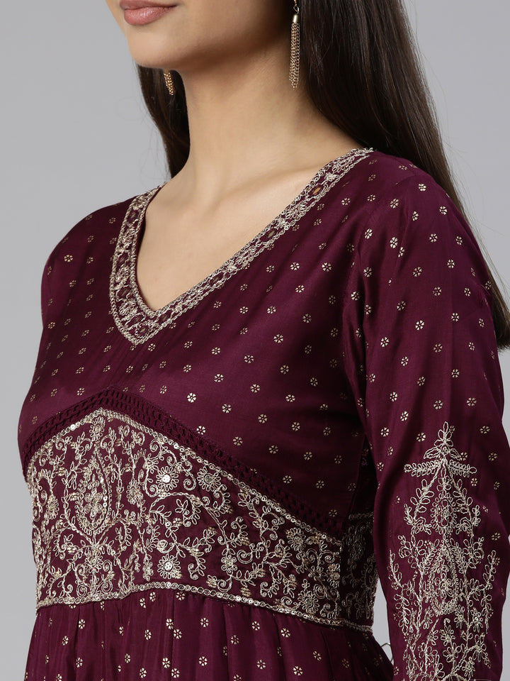 Neerus Purple printed floral straight suit set - detail view 1
