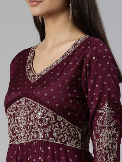 Neeru's Purple Regular Straight Floral Kurta And Trousers With Dupatta