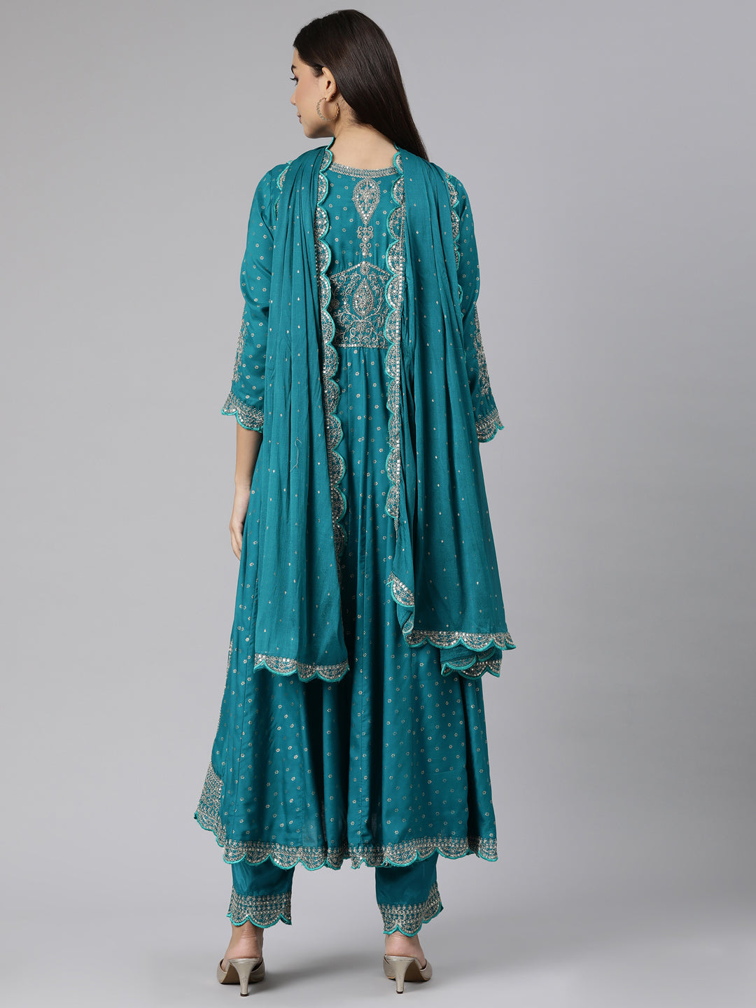 Neerus Green printed floral straight suit set - side view