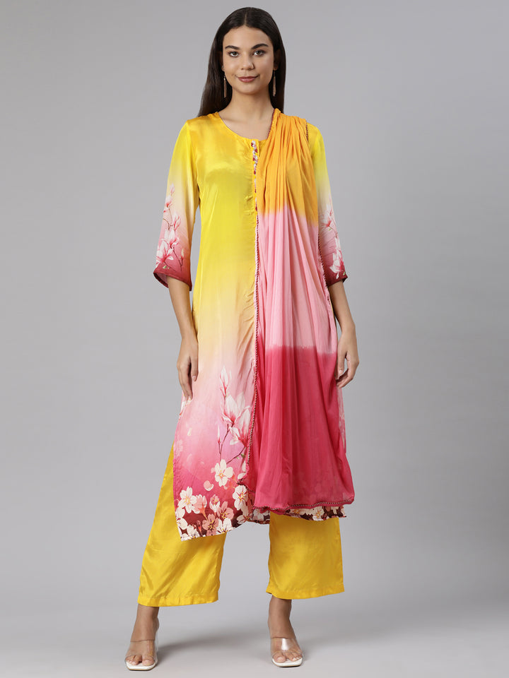 Neerus Yellow Regular Straight Floral Kurta And Trousers With Dupatta