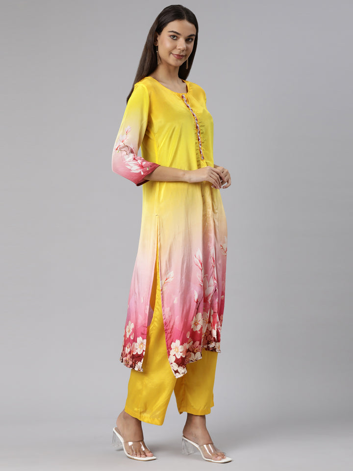 Neerus Yellow Regular Straight Floral Kurta And Trousers With Dupatta