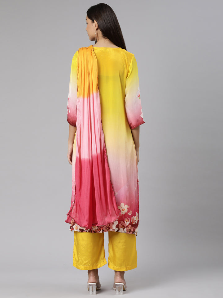 Neerus Yellow Regular Straight Floral Kurta And Trousers With Dupatta