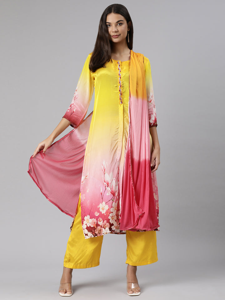 Neerus Yellow Regular Straight Floral Kurta And Trousers With Dupatta