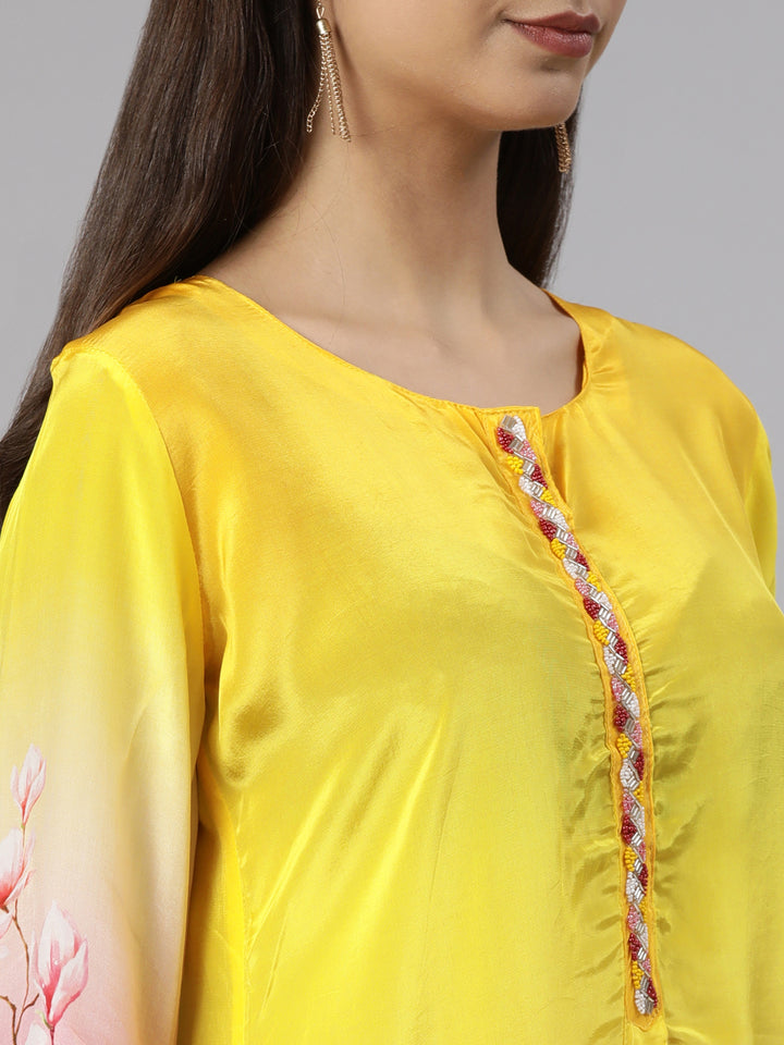 Neerus Yellow Regular Straight Floral Kurta And Trousers With Dupatta