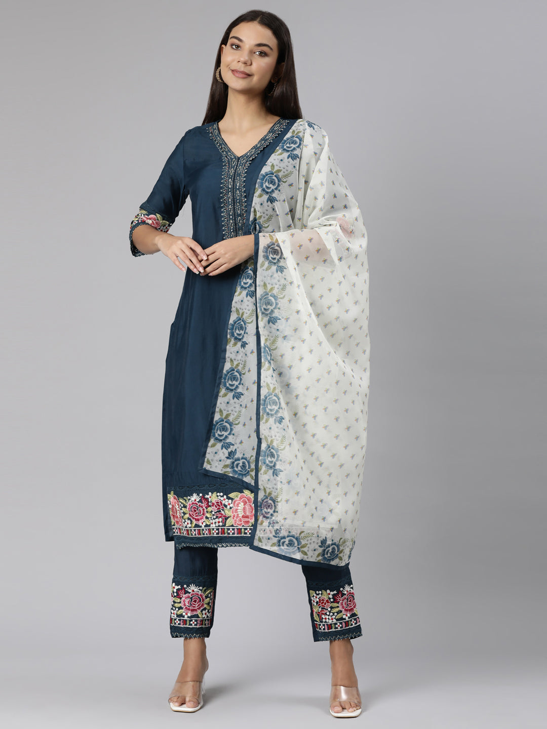 Neerus Blue printed floral suit set straight kurta with trouser and dupatta - front view