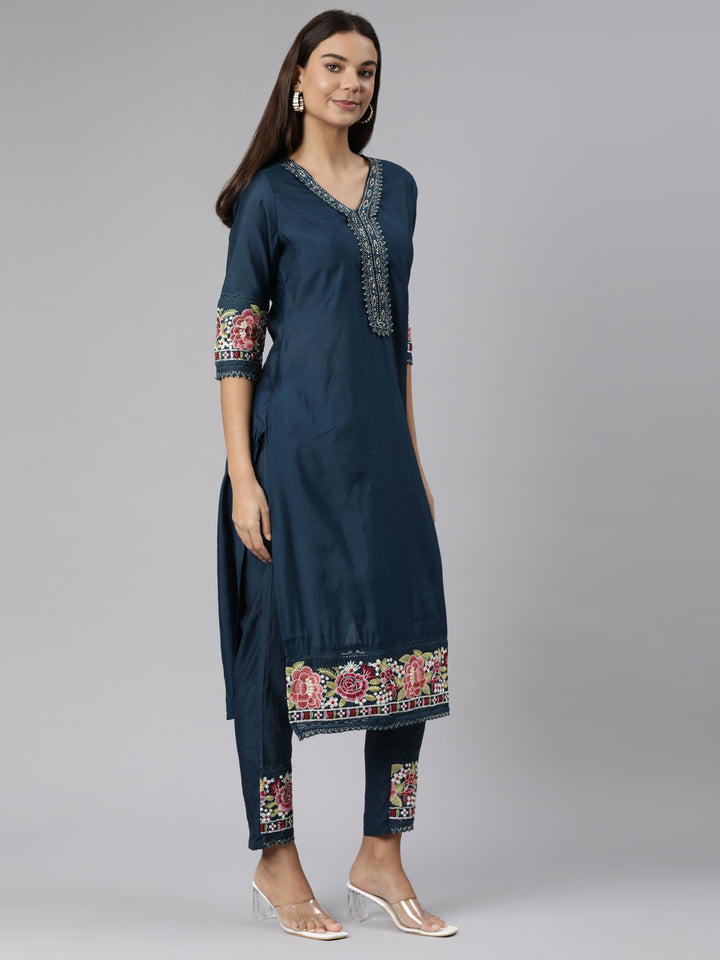 Neerus Blue printed floral suit set straight kurta with trouser and dupatta - back view