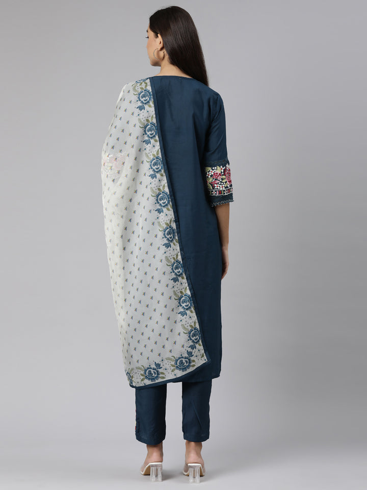 Neerus Blue printed floral suit set straight kurta with trouser and dupatta - side view