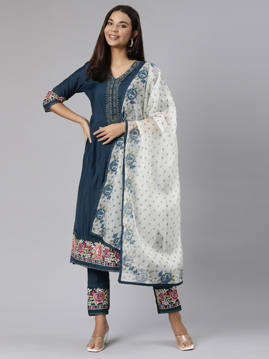 Neerus Blue printed floral suit set straight kurta with trouser and dupatta - detail view 2